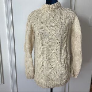 Vintage Cottagecore wool handmade fisherman cream sweater pullover cable knit s